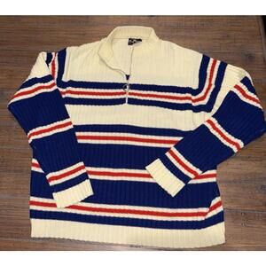 Vintage 60s 70s Women's 1/4 Zip Striped Mock Neck Sweater Darwin Size XL